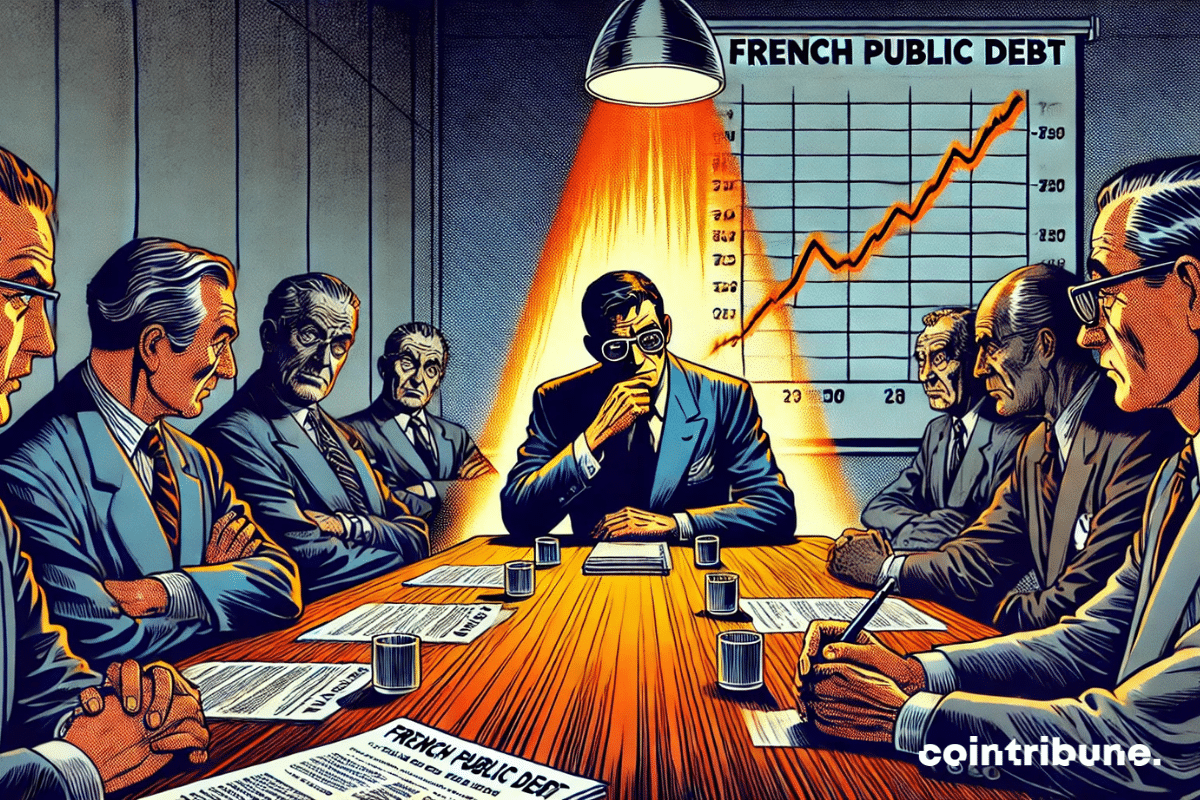 A minister from Bercy, deep in financial questioning, sits at a conference table under a harsh light that heightens the pressure. He holds documents labeled "France Public Debt," while skeptical investors watch him warily—some with arms crossed, others nervously tapping a pen on the table.