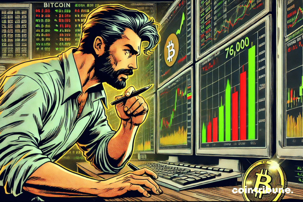 Un trader concentrado, analizando las señales técnicas en una gran pantalla que muestra gráficos financieros, un Bitcoin luminoso y una flecha ascendente hacia 76 000 $. El ambiente es dinámico con una fuerte tensión estratégica.