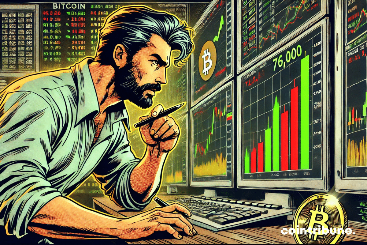 Un trader concentrado, analizando las señales técnicas en una gran pantalla que muestra gráficos financieros, un Bitcoin luminoso y una flecha ascendente hacia 76 000 $. El ambiente es dinámico con una fuerte tensión estratégica.