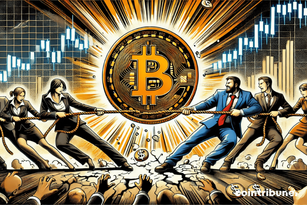 A tension between the two sides, with the giant Bitcoin at the center and the contrasting expressions of the characters from the crypto universe. The dynamic background and the cracks under CryptoQuant enhance the dramatic effect.