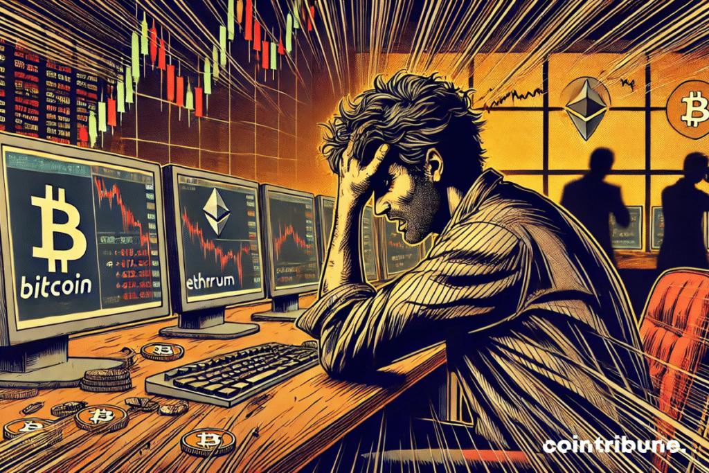 A trader sitting in front of multiple computer screens displaying free-falling charts, symbolizing the crypto market crash, particularly Bitcoin.