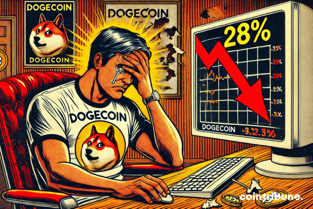 Un investisseur frustré devant son écran, en pleine détresse face à la chute brutale du Dogecoin (-28%). L’éclairage dramatique, l’ambiance sombre et les posters crypto en lambeaux renforcent l’intensité du moment.