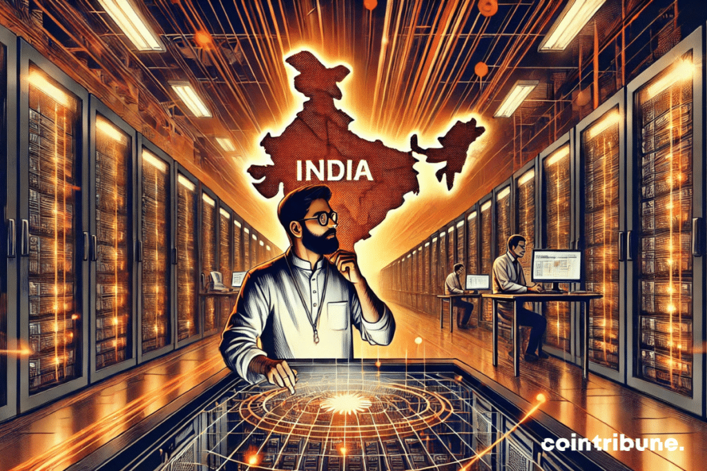 Un centro de datos futurista en la India, con un ingeniero formado por Microsoft ajustando una pantalla holográfica y una nube de datos en forma de mapa de la India.