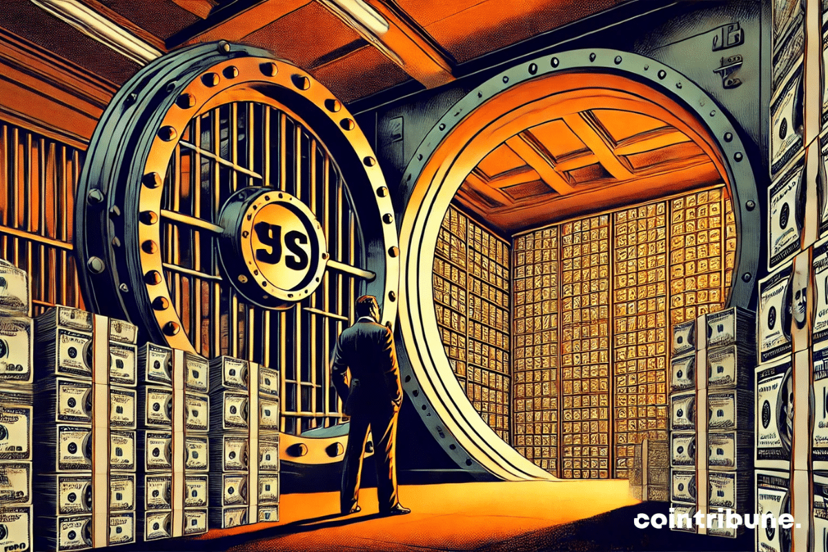 A monumental vault filled with dollars, with a man from the BRICS alliance contemplating the green bills.