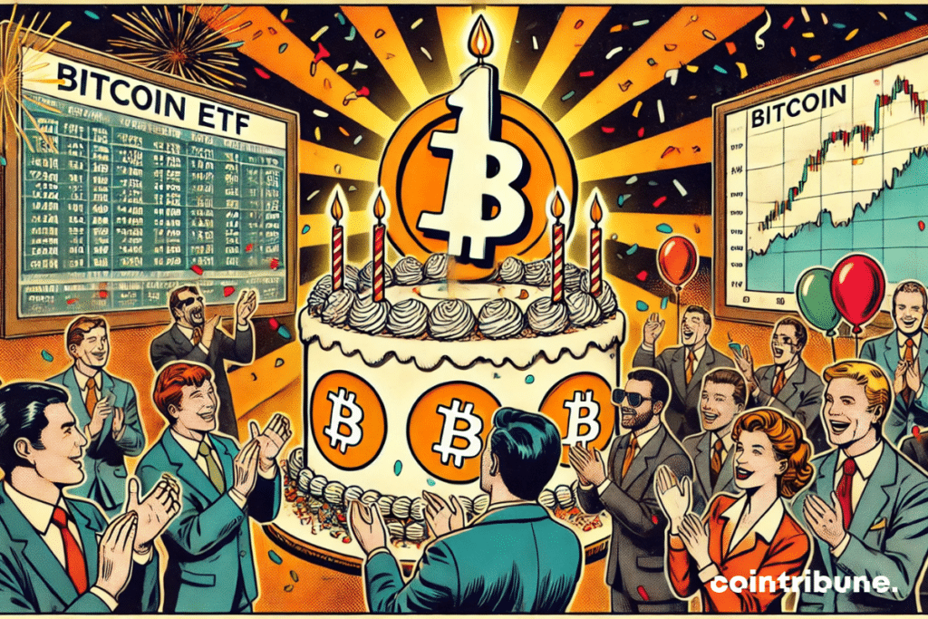 The celebration of the first anniversary of Spot Bitcoin ETFs with a Bitcoin-shaped cake!