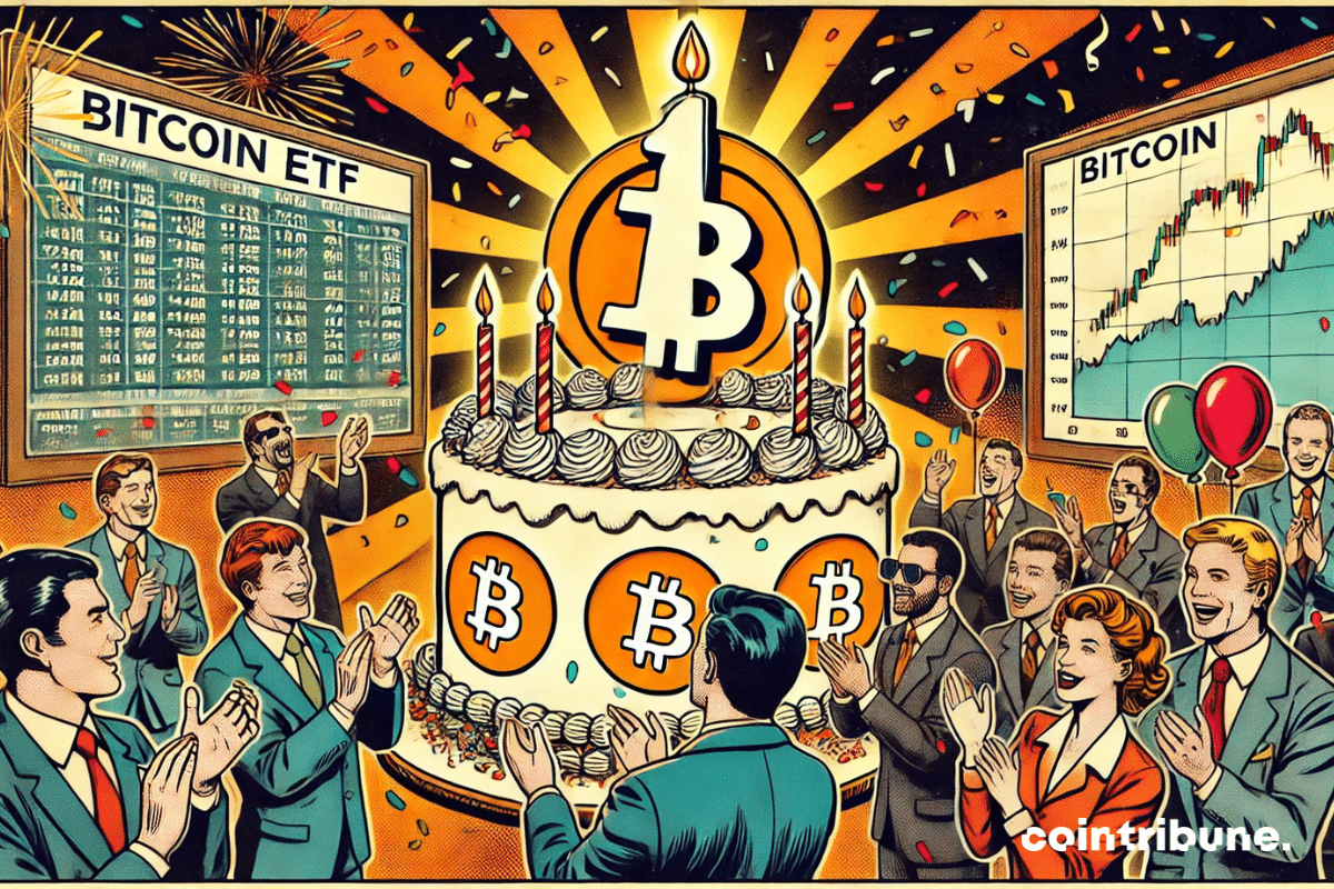 ¡La celebración del primer aniversario de los ETF de Bitcoin Spot con un pastel en forma de Bitcoin!