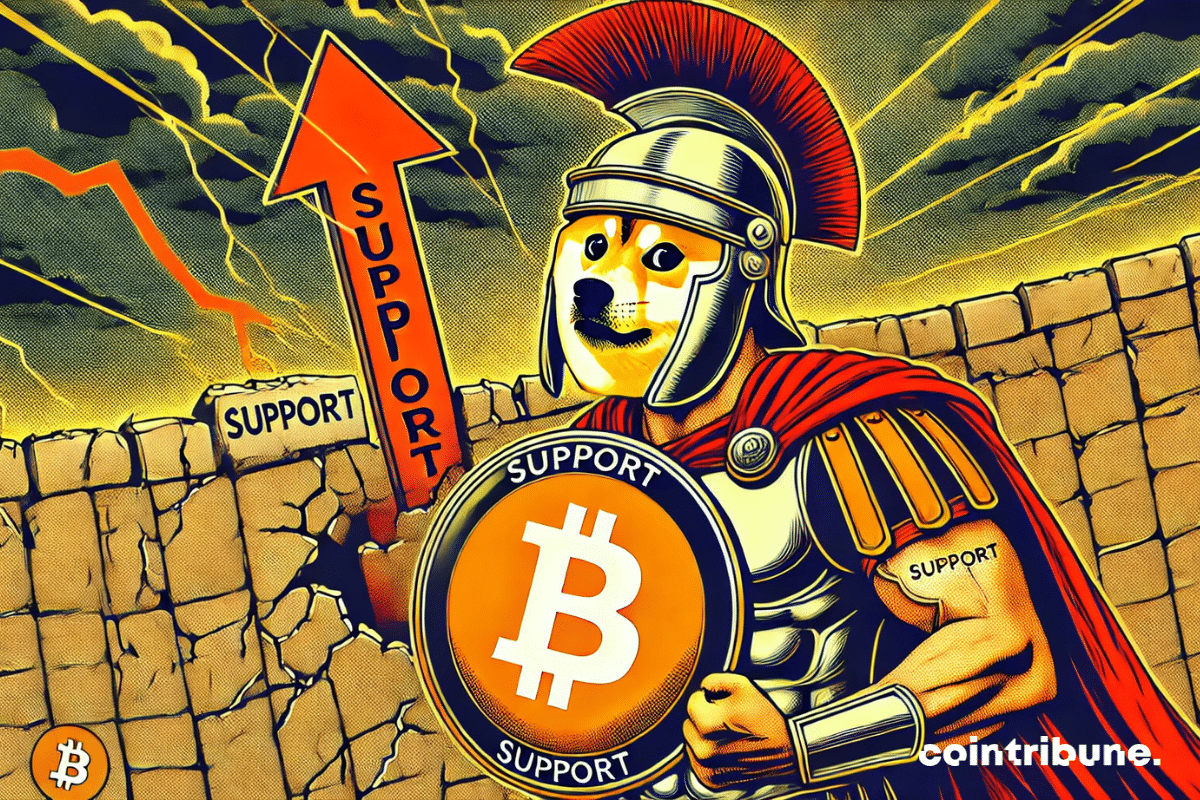 Dogecoin as a Roman warrior, fending off an attack symbolizing the market crash.