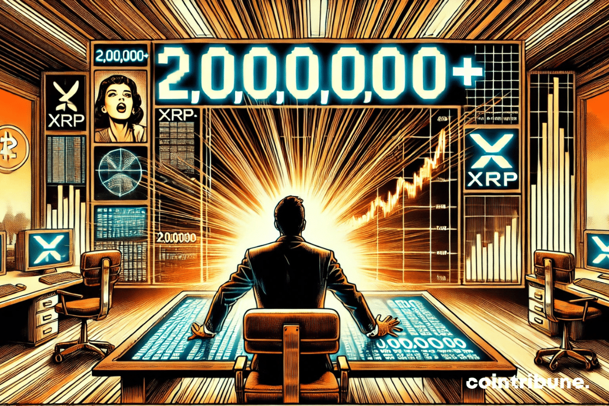 Un plan rapproché sur un écran numérique affichant “2 000 000+” en chiffres lumineux qui symbolise la transaction record du XRP. Un trader crypto regardant l’écran avec admiration.