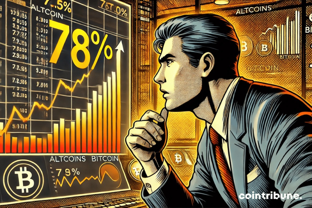 Un trader de criptomonedas analizando un gráfico donde una línea naranja (altcoins) supera claramente a una línea blanca (Bitcoin).