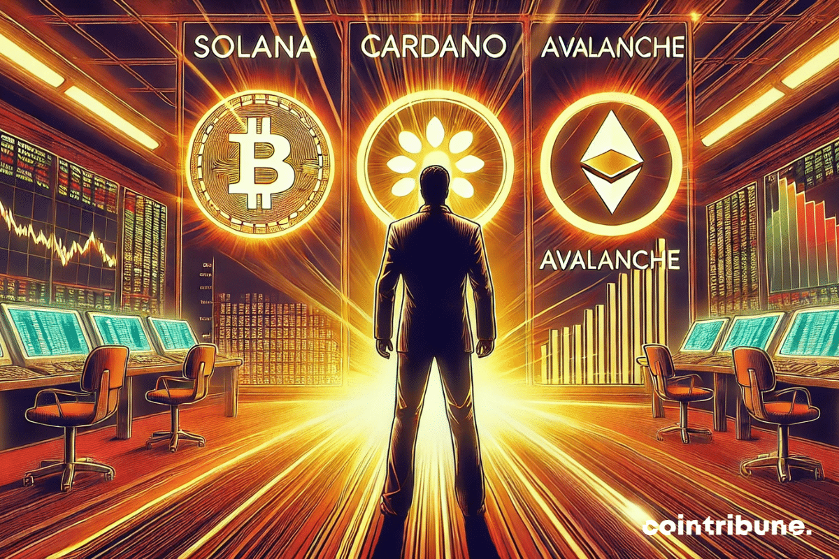 A trader seen from behind observes a futuristic screen where the altcoins Solana, Cardano, and Avalanche are highlighted.