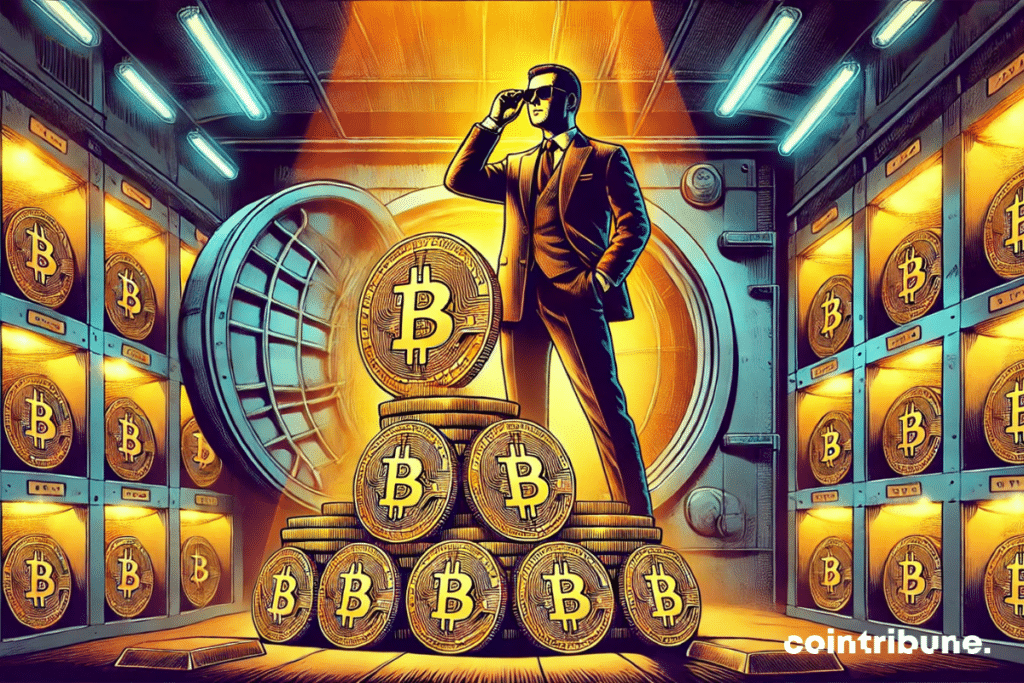 The secure vault filled with bitcoins and the confident politician remain at the heart of the composition, with a more mysterious and strategic ambiance, reinforced by a dark background.