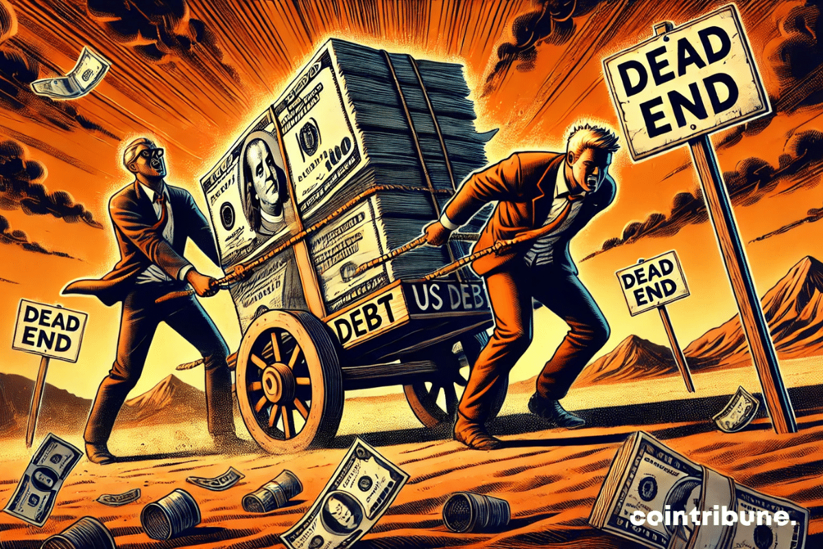 Scene inspired by Westerns, with a wagon full of debt struggling to move through the desert, symbolizing the U.S. deficit.