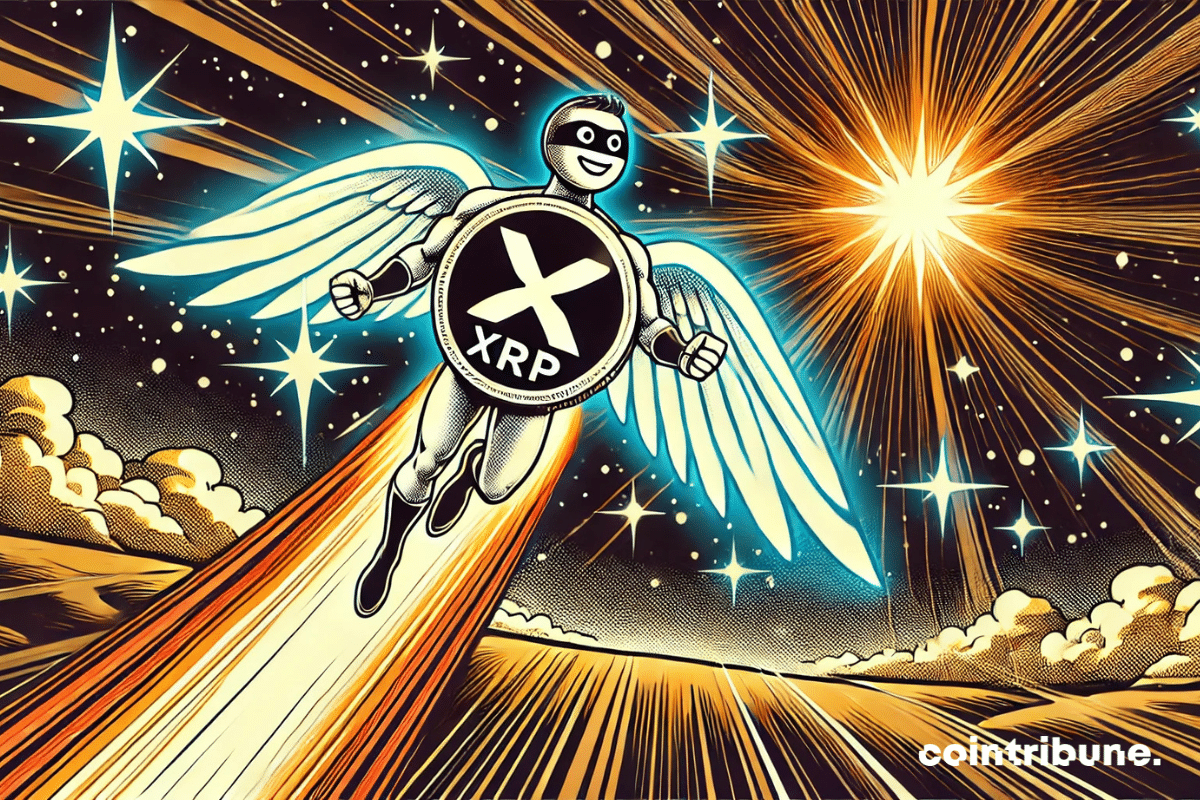 La pièce XRP anthropomorphe s'envolant héroïquement vers une étoile lumineuse, symbolisant son succès remarquable sur le marché crypto.