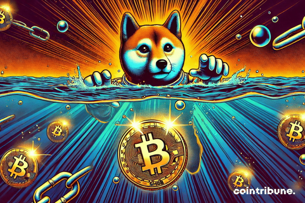 Une scène sous-marine, où un Shiba Inu anthropomorphique plonge dans les profondeurs sombres ce qui symbolise la chute du prix de la crypto.