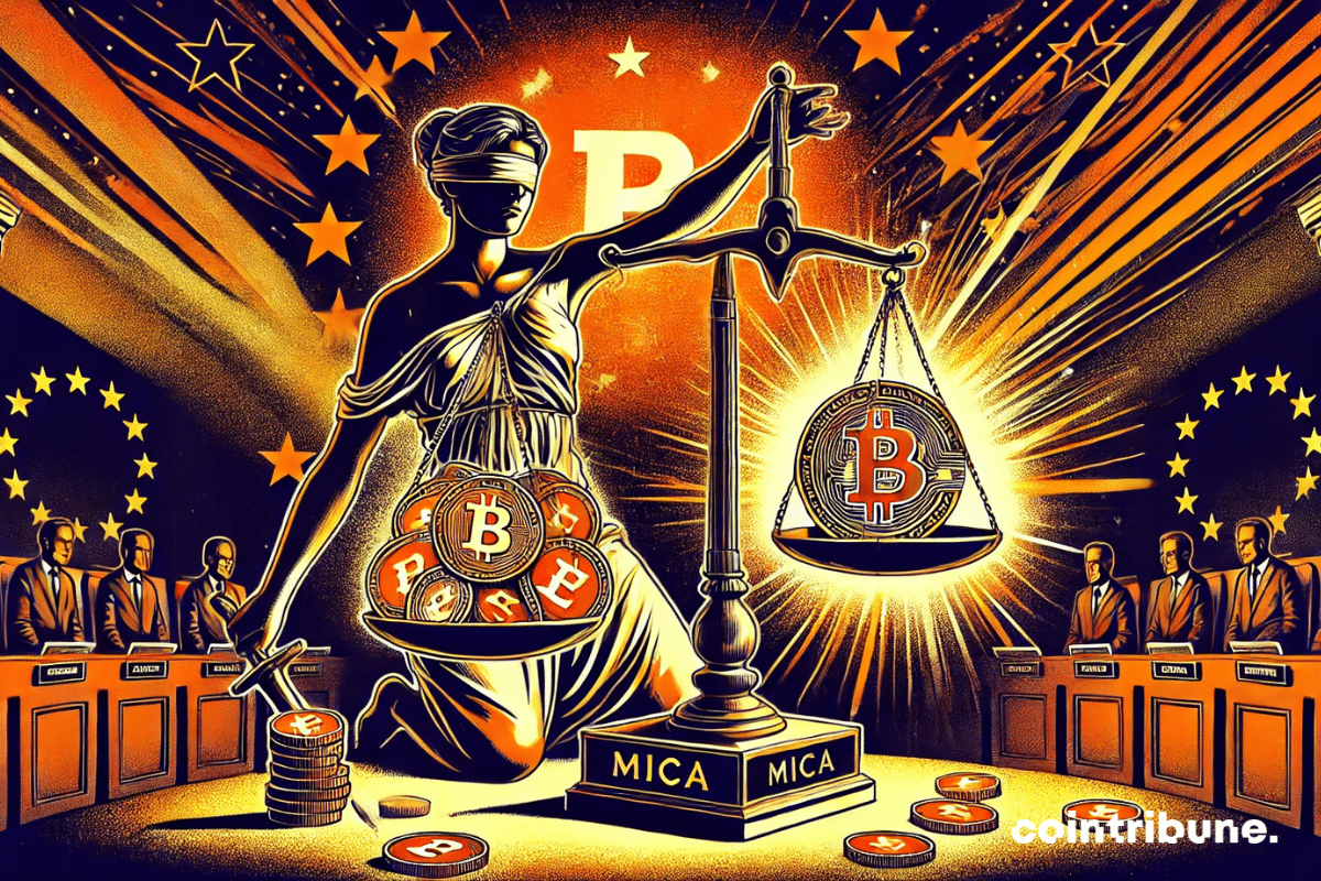 A side view showing a balance scale. One side is overloaded with coins representing non-compliant stablecoins, while the other side shows the MiCA symbol (depicted as a scroll or an official document).