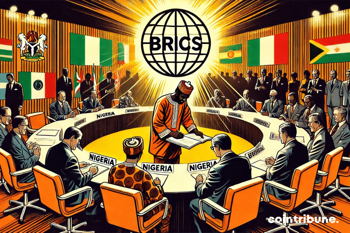 A Nigerian diplomat signing the BRICS integration documents in a conference room.