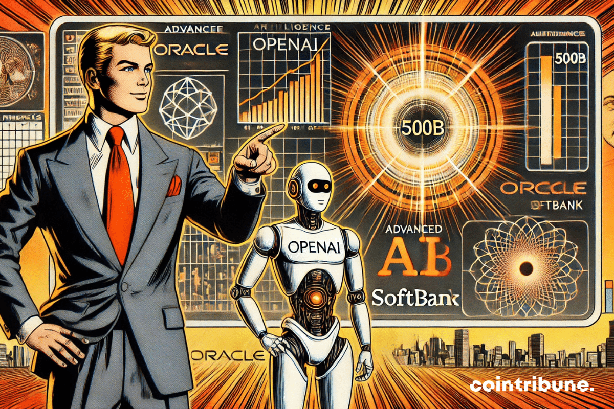 Un écran futuriste, un humanoïde robot, et les logos d'Oracle, OpenAI, et SoftBank intégrés subtilement, ce qui symbolise la révolution technologique annoncé par Trump aux États-Unis.