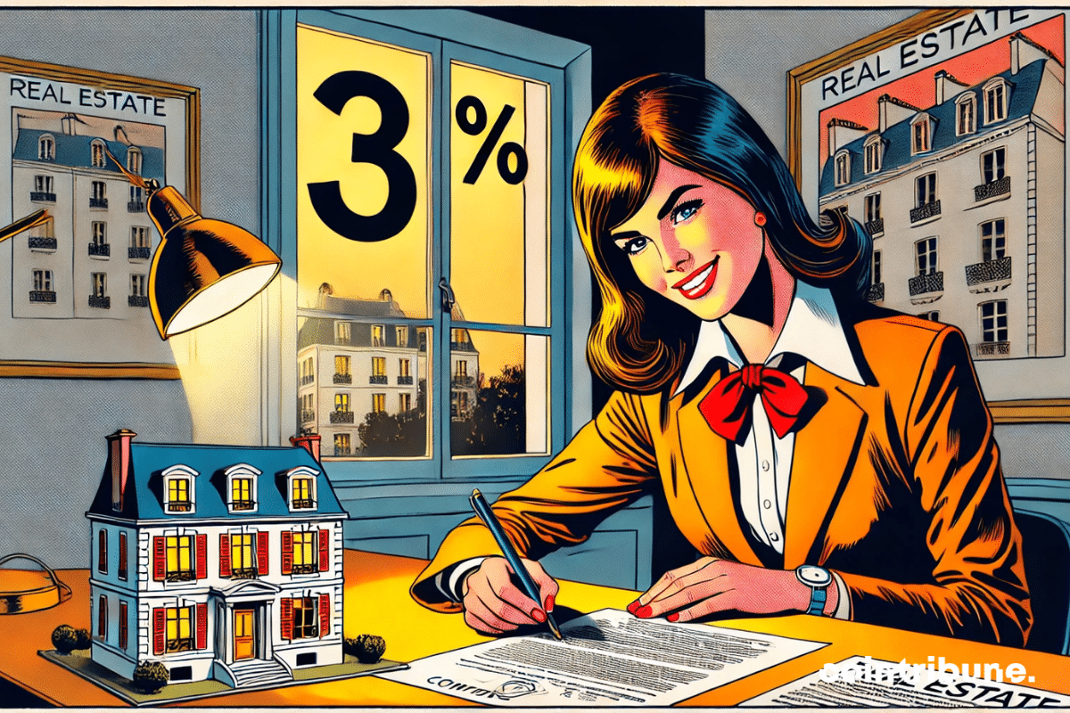 Plan rapproché dans un bureau immobilier en France. La composition met en avant une table où repose un contrat bien visible avec un grand "3%" inscrit dessus en chiffres noirs. Une jeune femme en tenue professionnelle (veste blazer et chemisier) au premier plan, souriante, penchée légèrement en avant, tenant un stylo prêt à signer le contrat. Son expression faciale montre de la satisfaction et de l’enthousiasme.