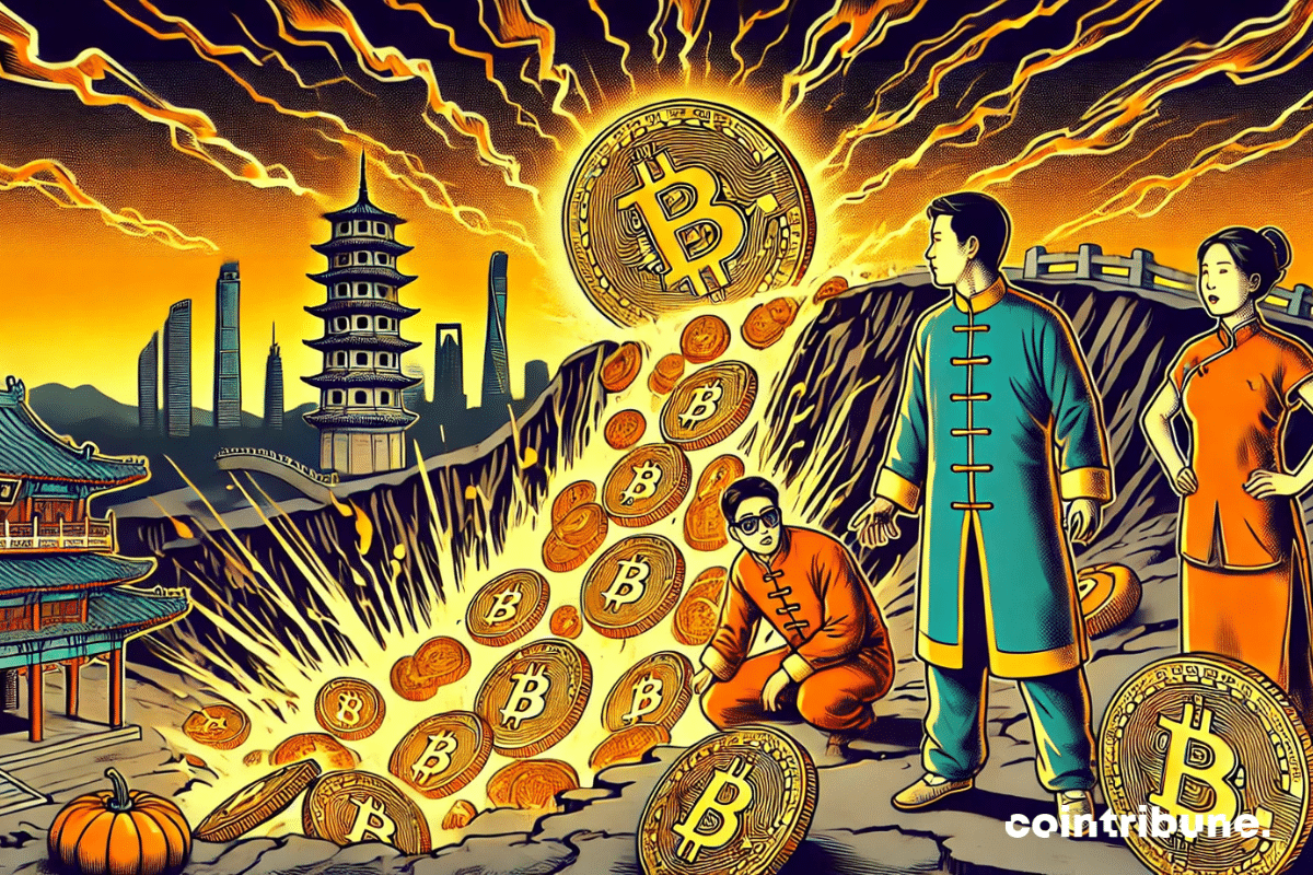 Personajes originarios de China con ropa tradicional y moderna, observando un colapso de Bitcoins. Al fondo, edificios históricos como la Gran Muralla y una pagoda se mezclan con rascacielos modernos.