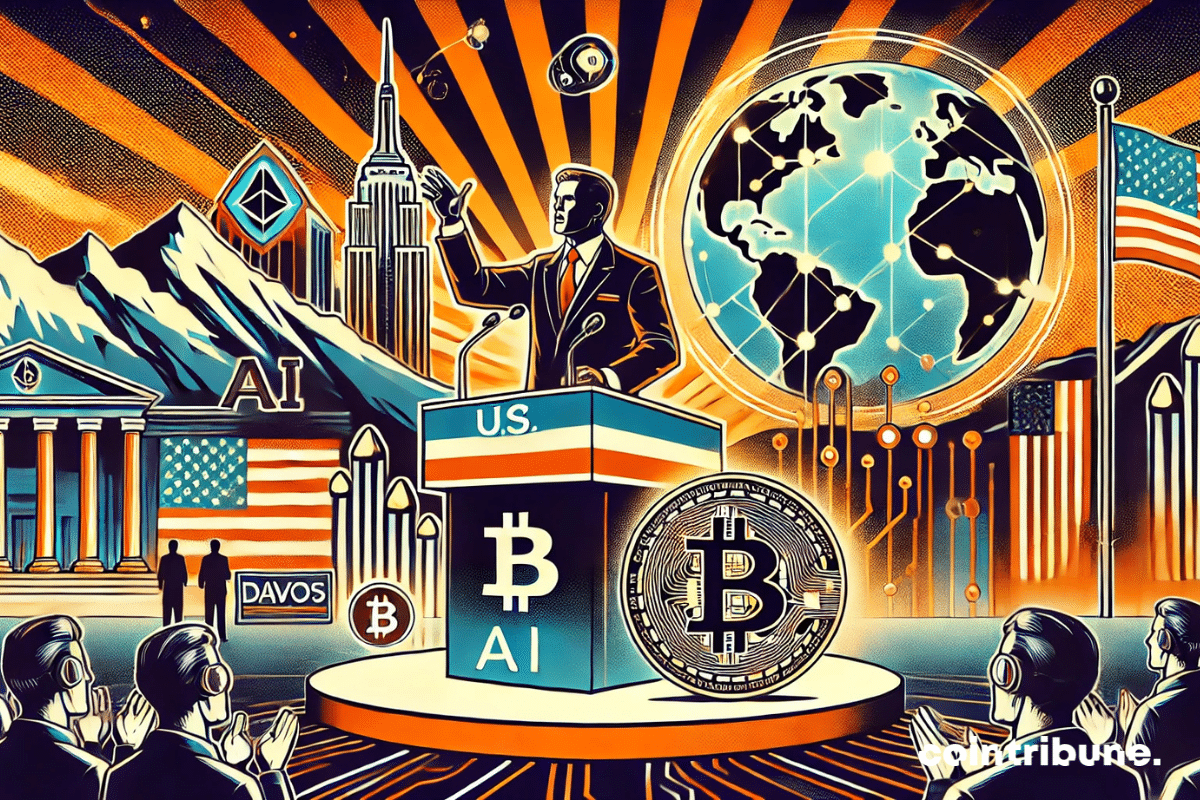 A futuristic podium with a charismatic figure speaking in front of a glowing globe representing Trump, the President of the United States, surrounded by digital circuits to symbolize AI and a giant Bitcoin coin. Stylized Alps and futuristic buildings form the background, symbolizing Davos.