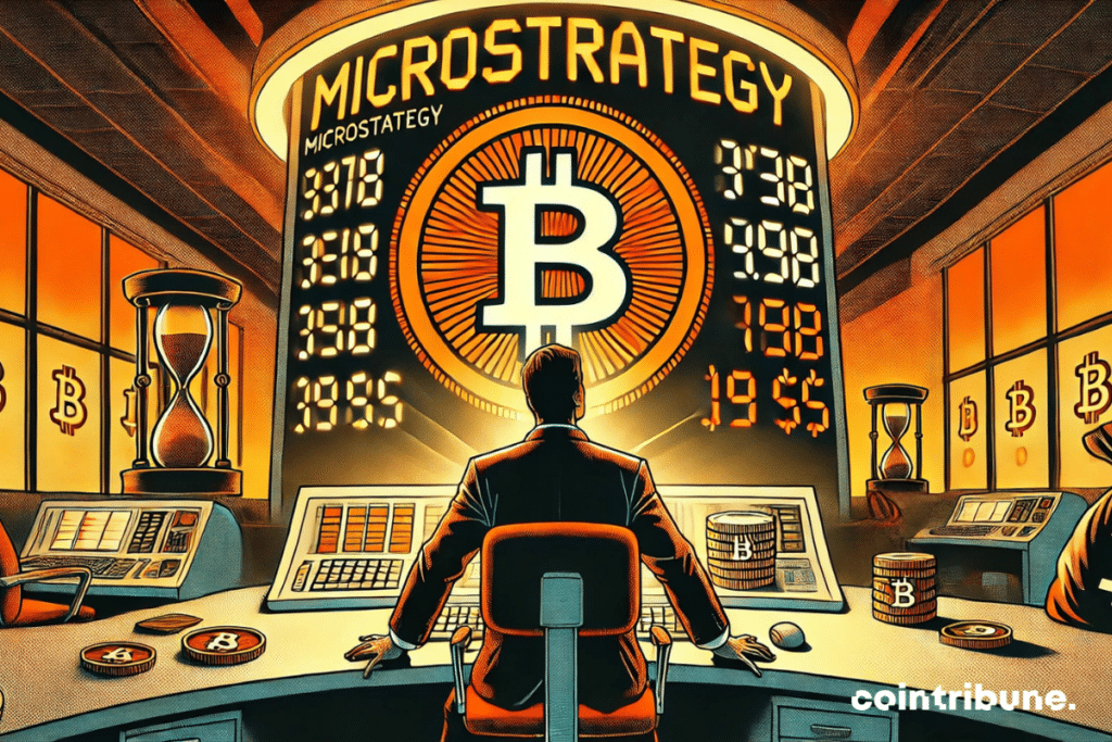 A modern office seen from the front, with a central tense character (representing MicroStrategy) staring at a screen displaying a massive Bitcoin figure:  billion.