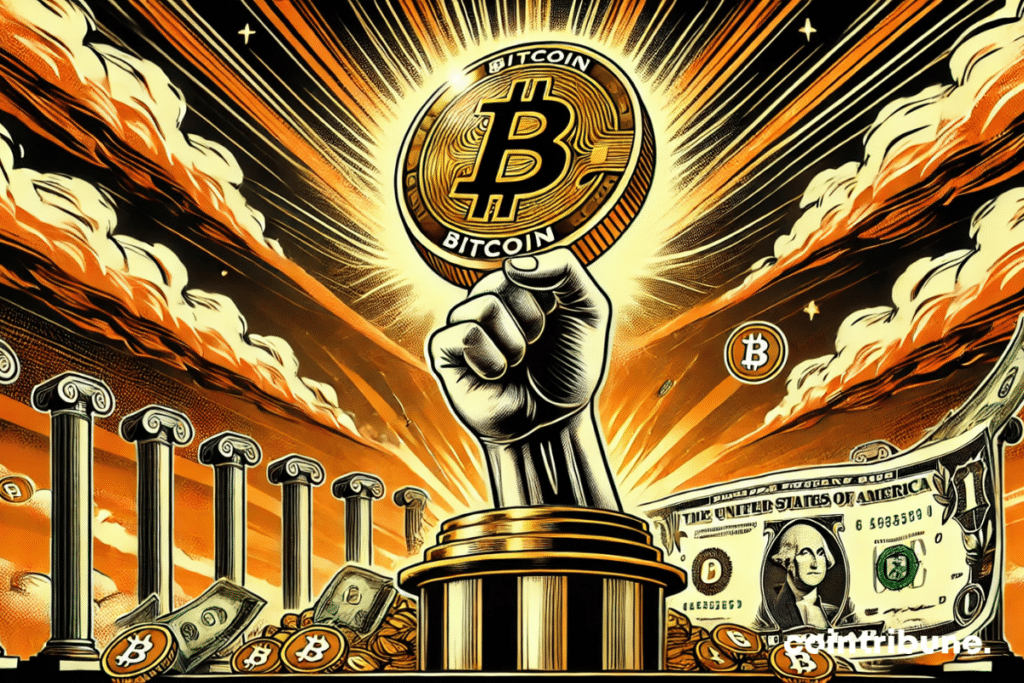 Traductions : En espagnol : Bitcoin triunfante en un pedestal, eclipsando al dólar estadounidense. En anglais : Bitcoin triumphant on a pedestal, eclipsing the US dollar