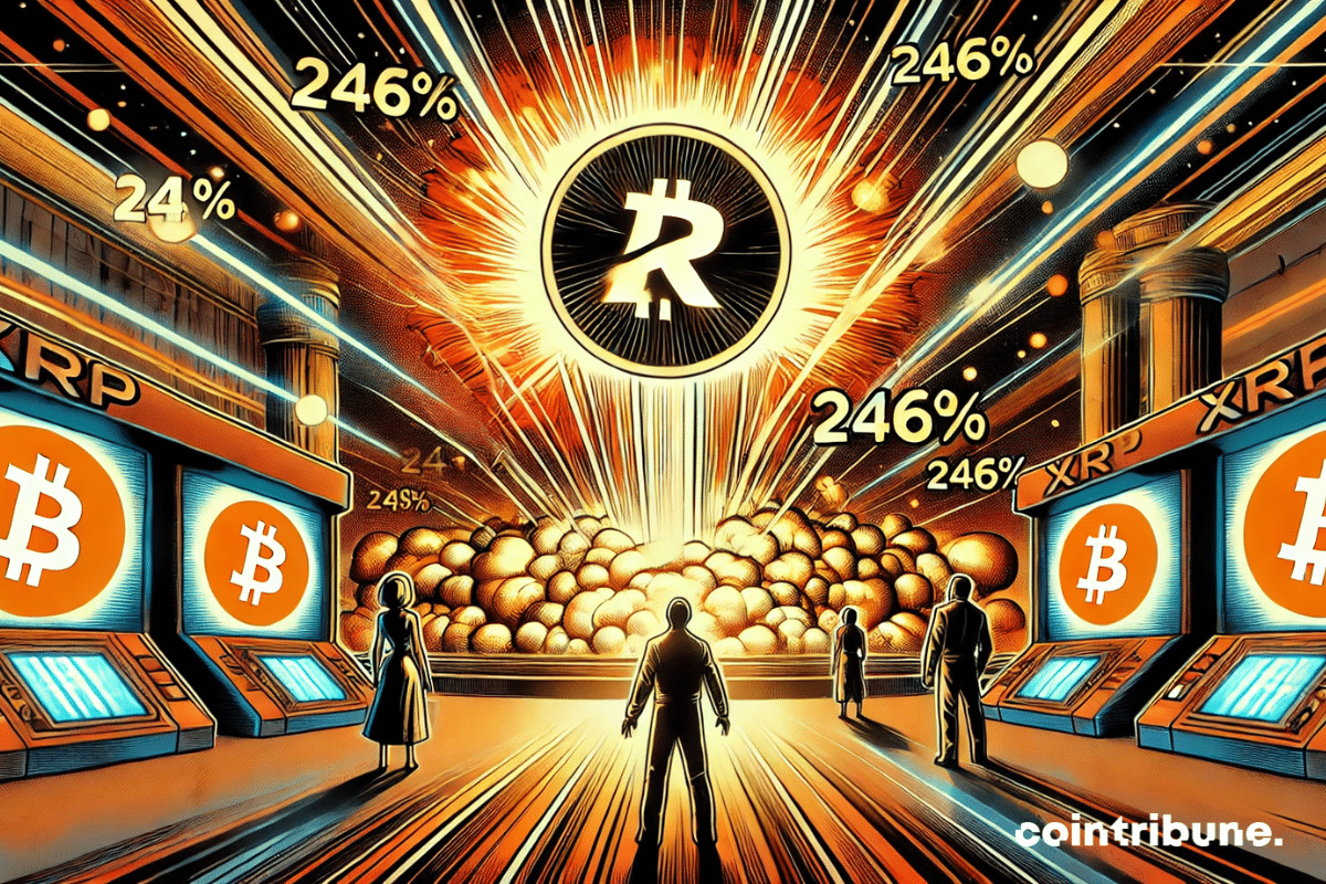 Des silhouettes futuristes regardent et applaudissent l'explosion triomphante de la crypto XRP.