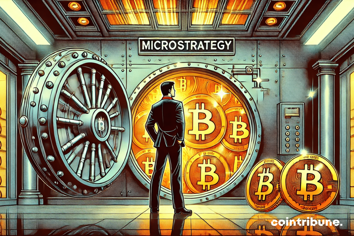 Un grand coffre-fort gravé "MicroStrategy", rempli de Bitcoins, et un homme en costume à l'intérieur.