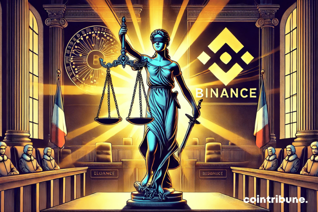 Une balance géante occupe le centre de la scène, mise en lumière de manière dramatique. Sur un plateau de la balance repose un drapeau français soigneusement plié, entouré de documents judiciaires officiels. Sur l’autre plateau, le logo de l'exchange crypto Binance, réalisé en métal noir brillant, semble lourd et imposant.