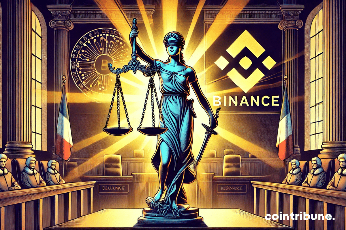 A giant scale dominates the center of the scene, dramatically illuminated. On one side of the scale lies a carefully folded French flag, surrounded by official judicial documents. On the other side, the logo of the crypto exchange Binance, crafted in glossy black metal, appears heavy and imposing.