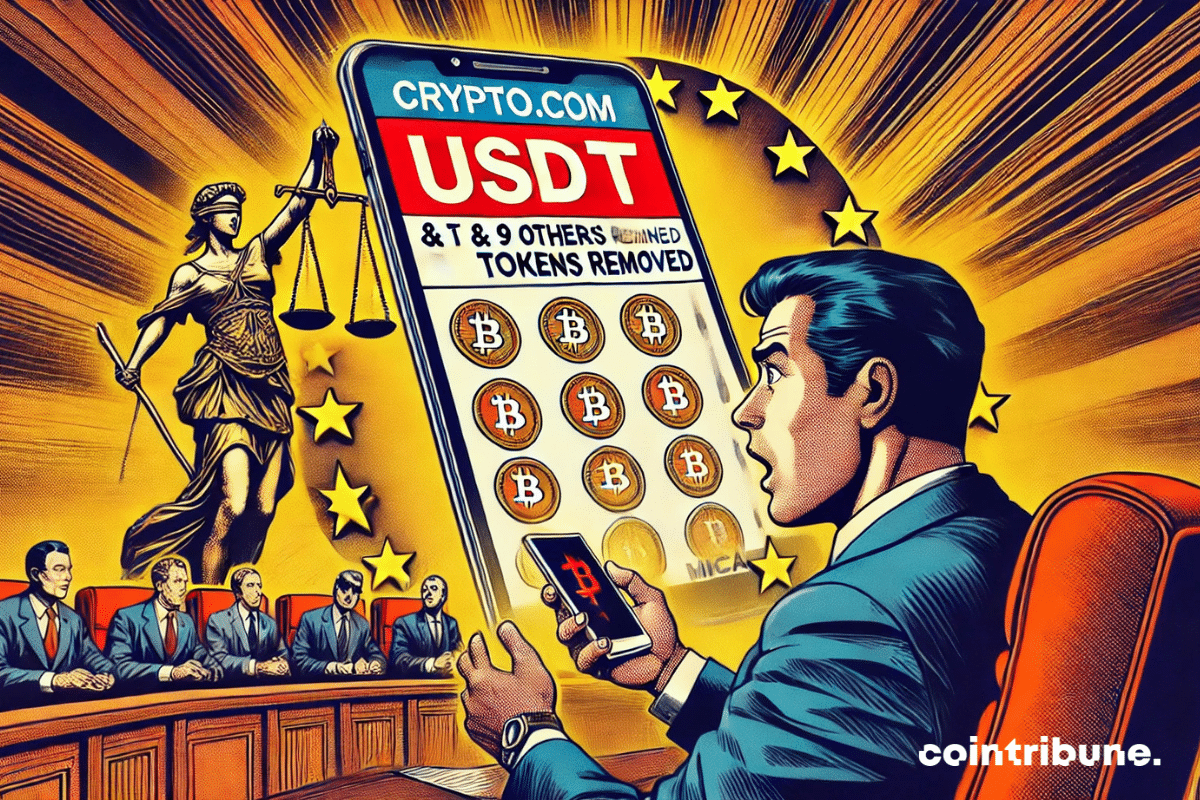 La eliminación de tokens como USDT por parte de Crypto.com bajo la regulación MiCA, con un hombre sorprendido frente a su pantalla y la balanza de la justicia europea en el fondo.