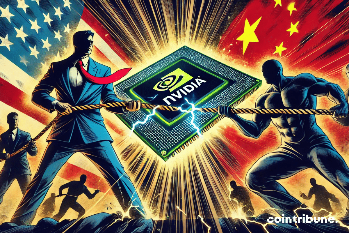 A fierce battle for control over Nvidia chips, symbolizing the technological conflict between the United States and China.