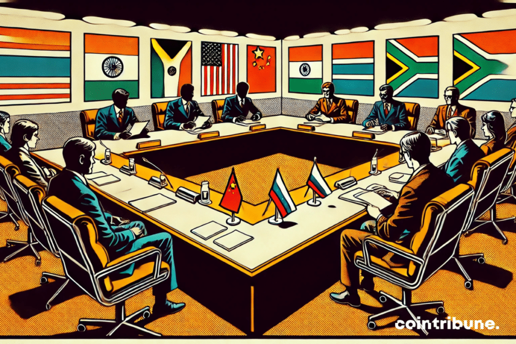 Une salle de réunion diplomatique, avec les représentants des BRICS d’un côté et le diplomate américain sous la présidence Trump de l’autre en pleine négociation.