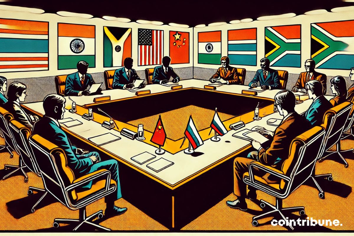 Una sala de reuniones diplomática, con los representantes de los BRICS de un lado y el diplomático estadounidense bajo la presidencia de Trump del otro, en plena negociación.