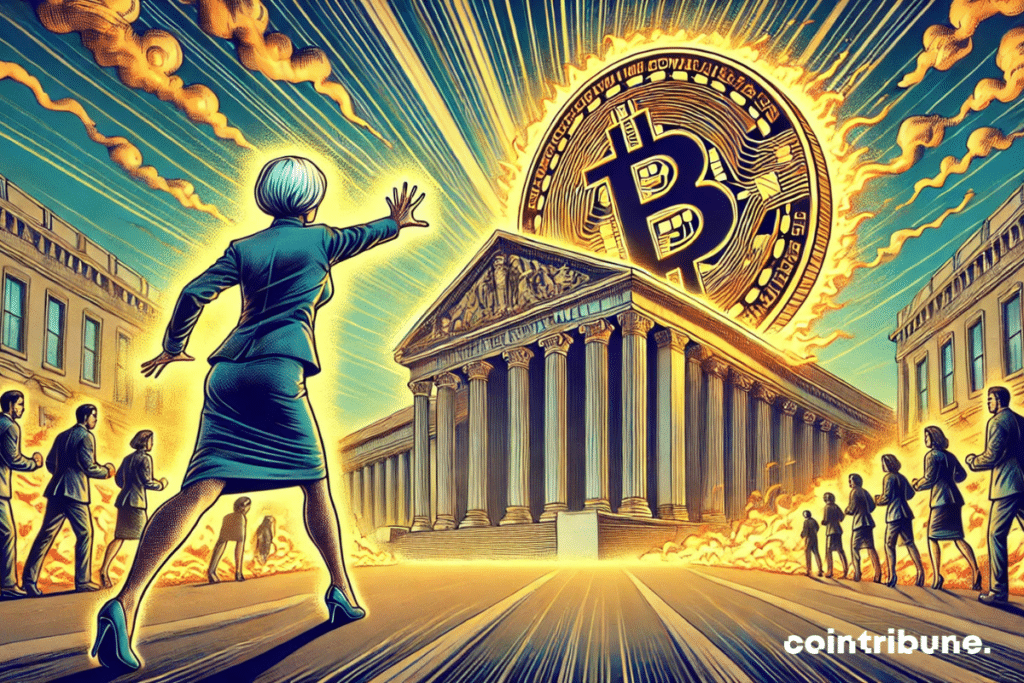 Christine Lagarde blocks fiery bitcoin, in a dramatic atmosphere that emphasizes the conflict between traditional financing and crypt.