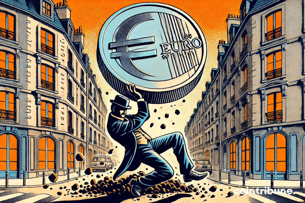 A tenant in France crushed under a huge coin symbolizing an exorbitant real estate rent.