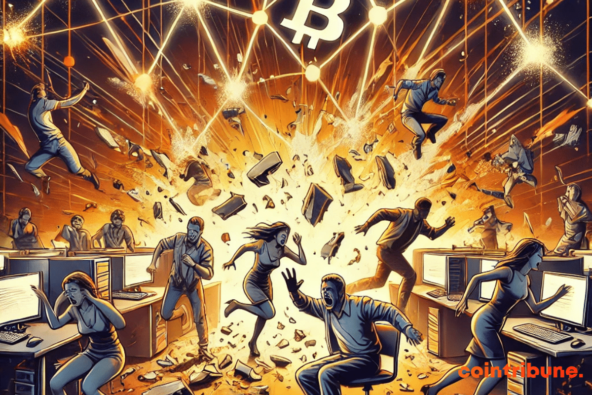 Illustration dramatique des années 90 montrant une crise blockchain