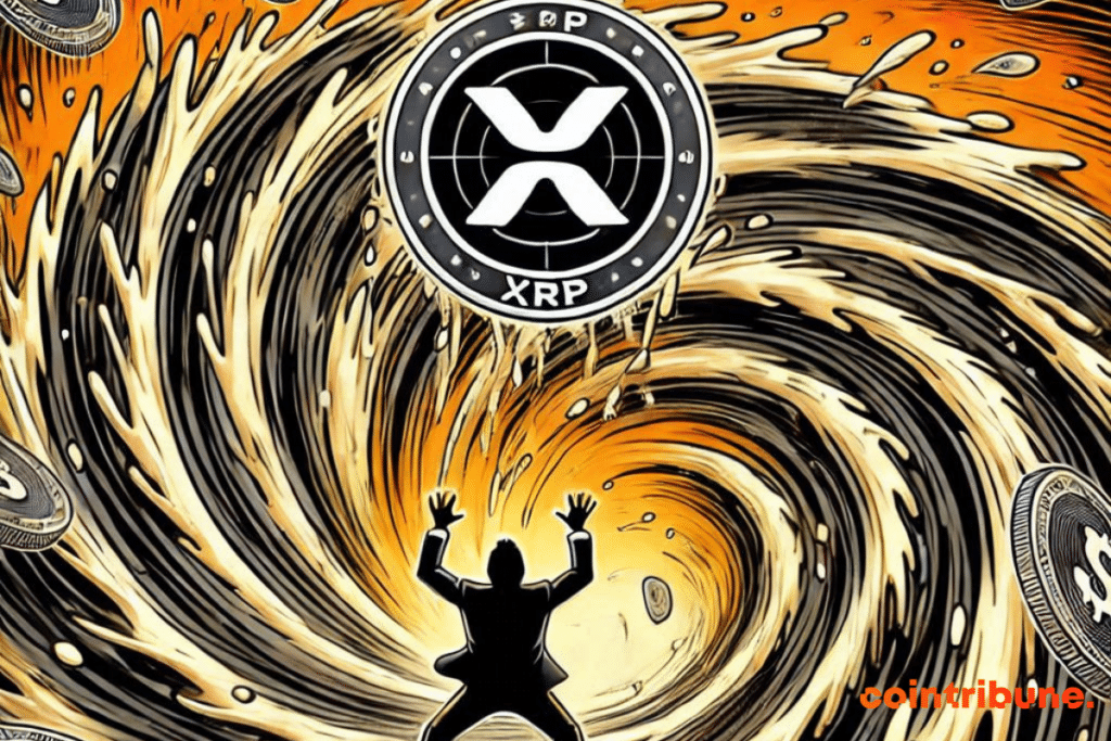 A whirlwind carrying away an XRP coin as a trader looks on.