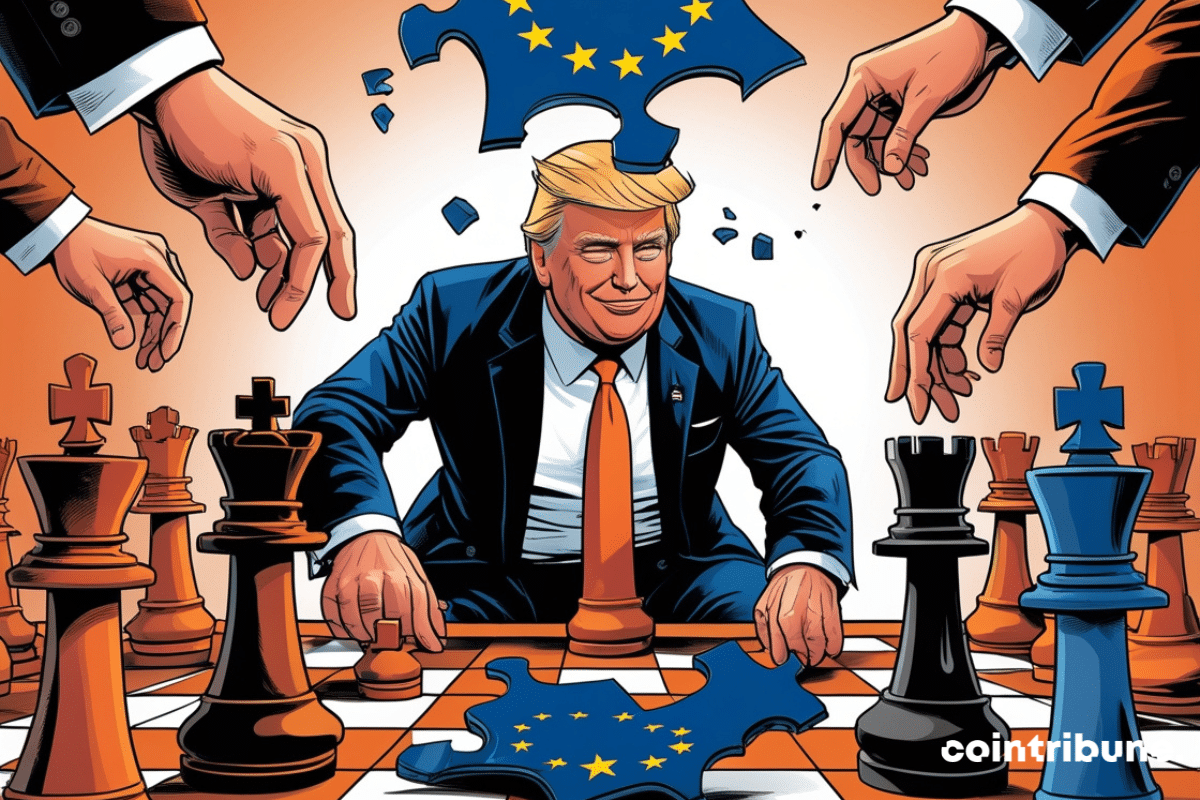 Trump jouant avec des pièces d'échecs géantes représentant l'Europe