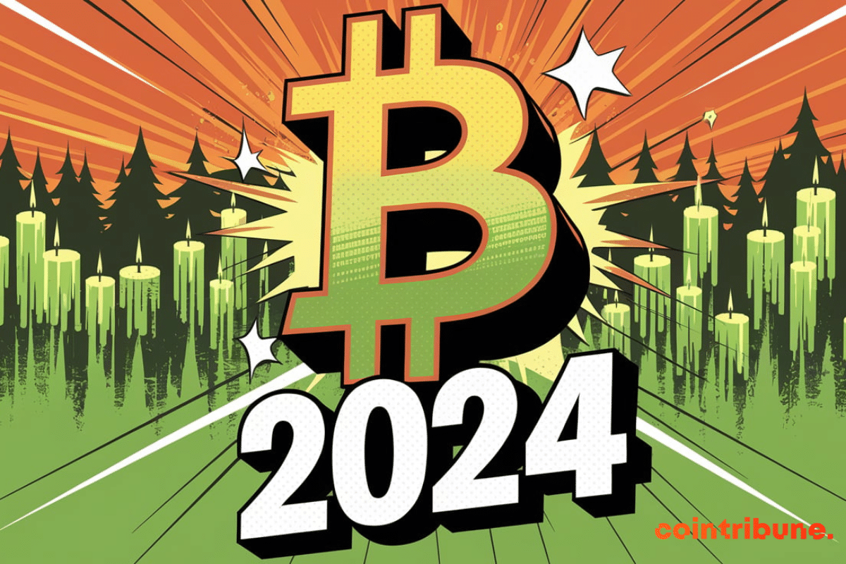 Illustration of a big Bitcoin symbol in 3D celebrating with 2024 written in big bellow. COmics book design. orange, green and black are the dominant colors. Background is a forest of green candle symbolizing the stock markets and the excellent performance of bitcoin as an asset in 20224.