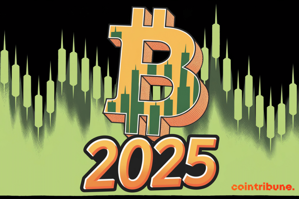 Illustration of a big Bitcoin symbol in 3D. Background is a forest of green candle symbolizing the stock markets and the excellent performance of bitcoin as an asset in 2025.