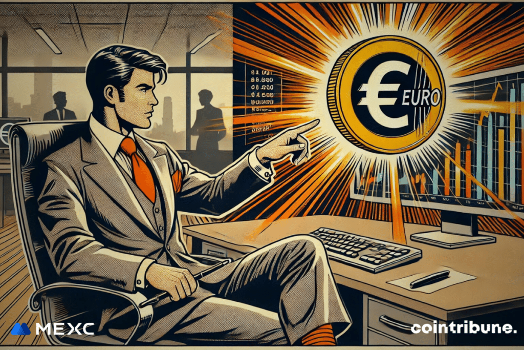 A professional trader in a tailored suit points towards a glowing Euro symbol displayed on a computer screen in a modern office setting. The image emphasizes MEXC's focus on facilitating cryptocurrency access in Europe through Euro OTC trading.