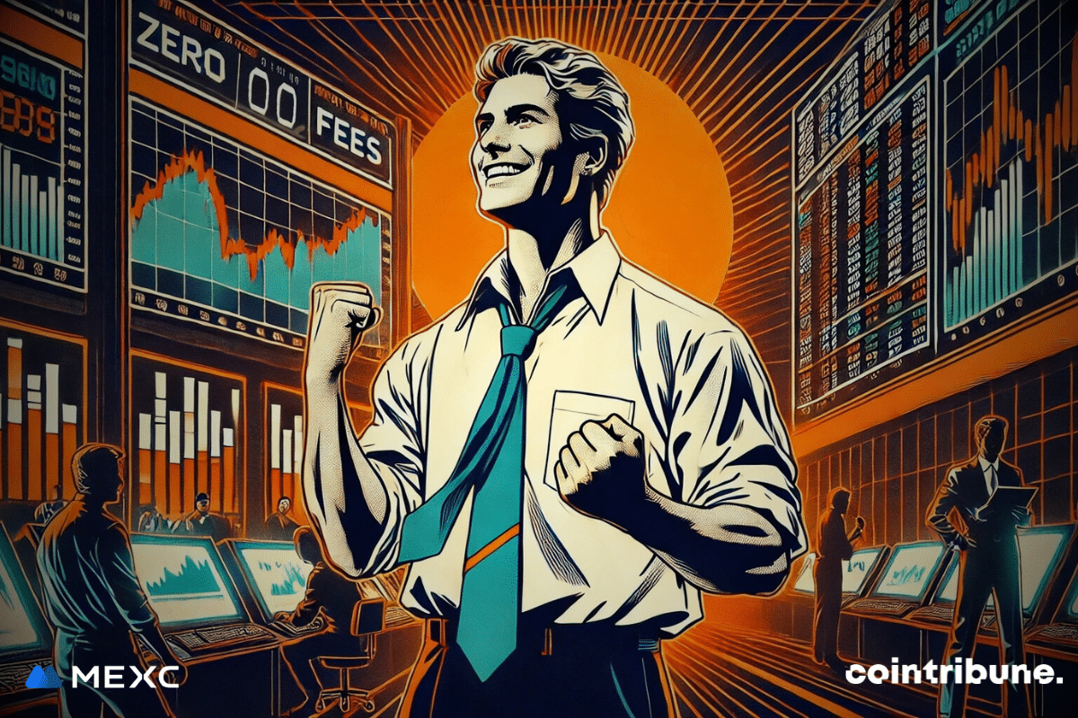 A triumphant trader stands confidently in a vibrant trading room, surrounded by screens displaying financial data and the bold text "Zero Fees" prominently featured. The scene reflects the excitement of fee-free crypto trading opportunities.