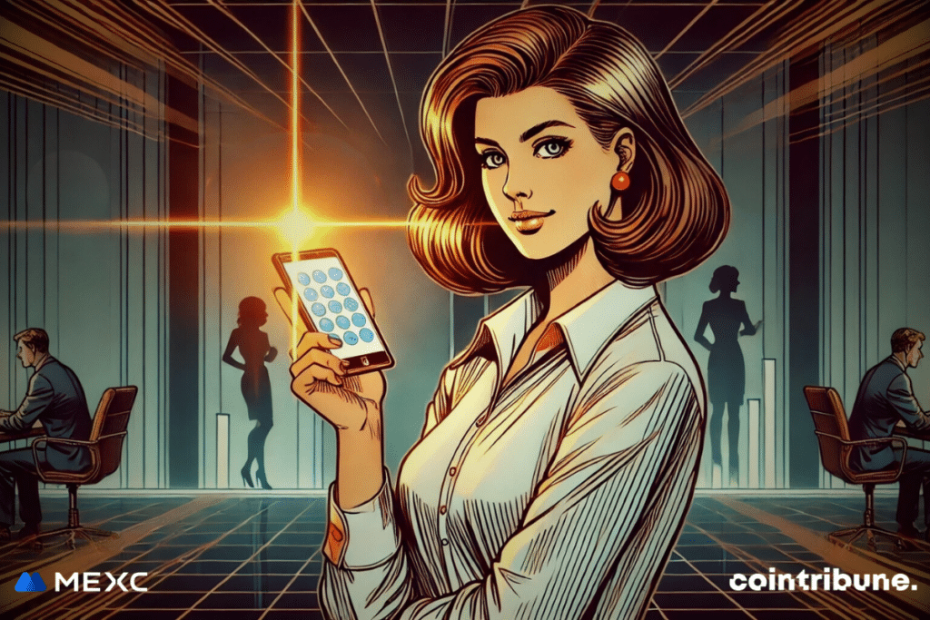 A confident businesswoman holds a smartphone displaying a cryptocurrency trading app in a sleek, modern office. The scene reflects MEXC's innovative approach to simplifying access to cryptocurrency trading.