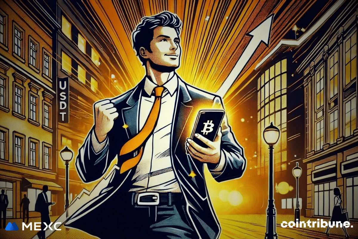 Un hombre confiado con traje y corbata naranja camina por una calle iluminada, sosteniendo un smartphone que muestra el símbolo de Bitcoin. Una flecha hacia arriba sobre él simboliza el crecimiento. En el fondo, edificios modernos, el letrero "USDT" y un ambiente festivo sugieren una oportunidad especial de Año Nuevo en el mundo cripto.