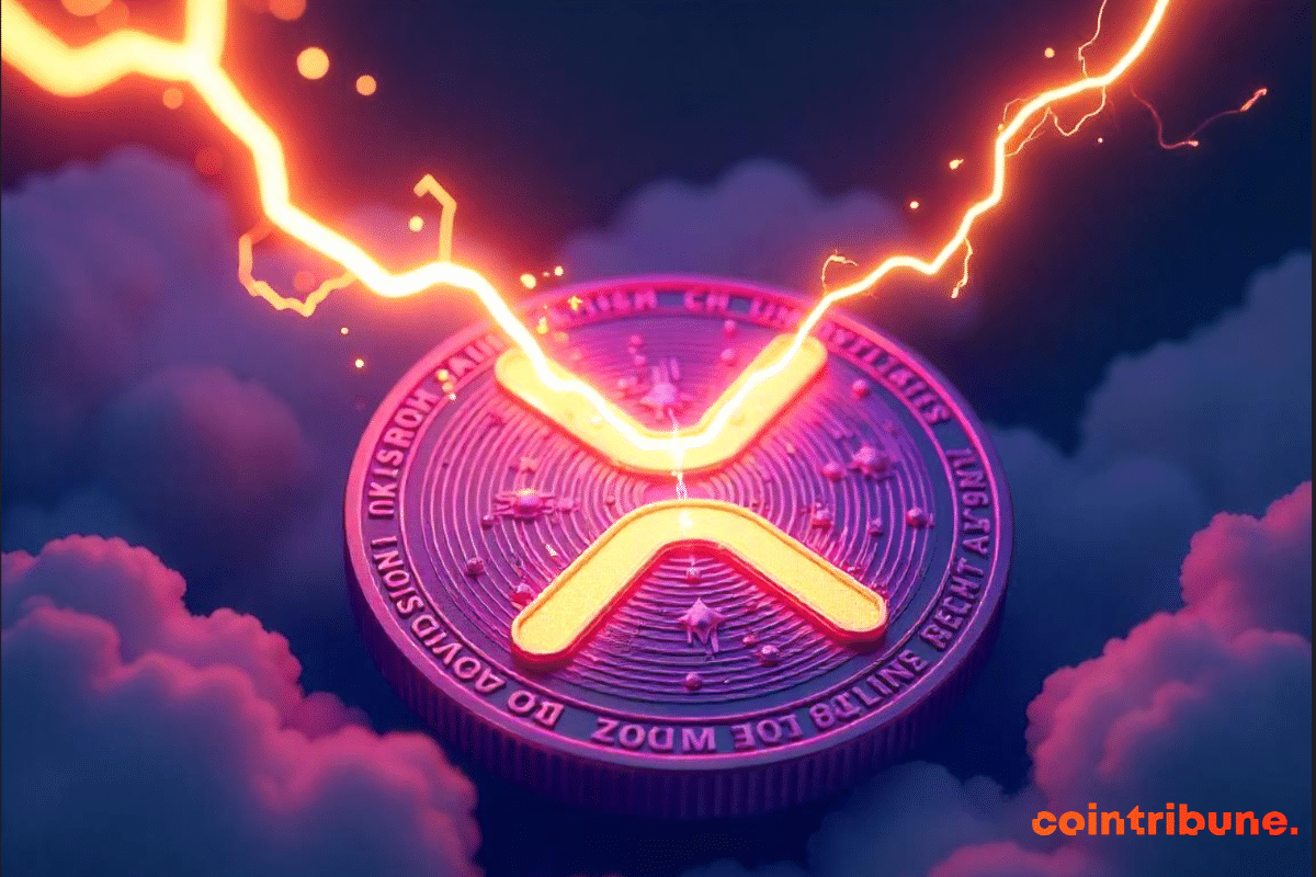 Illustration of a Lightning striking a purple XRP token symbol which looks like a coin of the floor. At the base of the lightning is a big 3D bitcoin symbol. Make the illustration dynamic and the XRP symbol realist, looking like the real logo of the XRP token.