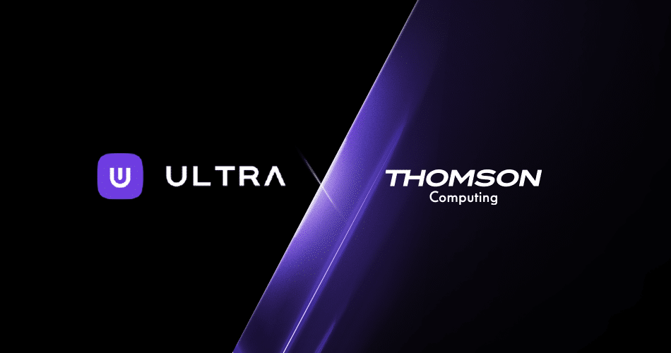 The Ultra and Thomson Computing logos are prominently displayed on a sleek, futuristic background with a glowing purple beam dividing the frame. This visual highlights the collaboration between Ultra and Thomson Computing, focusing on gaming distribution and European technological sovereignty.