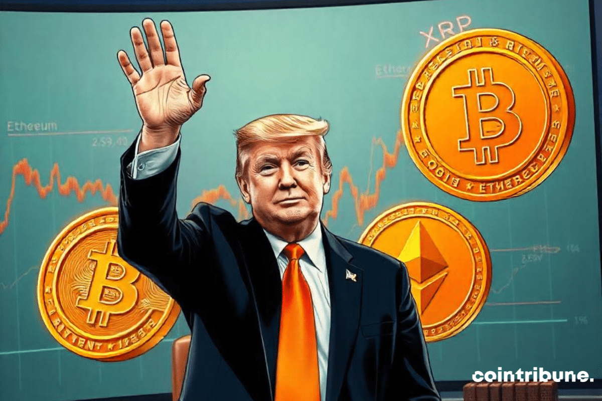 Donald Trump waving and crypto coins