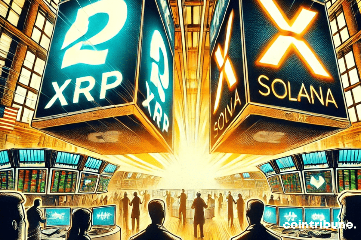 Illustration of XRP and Solana crypto on two buildings.