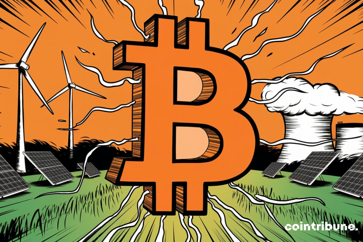 Illustration of a large 3D bitcoin logo electrified with power flowing around it. Renewable energy infrastructure such as wind turbines, solar panels and nuclear power plants can be seen in the background. The bitcoin logo is orange.